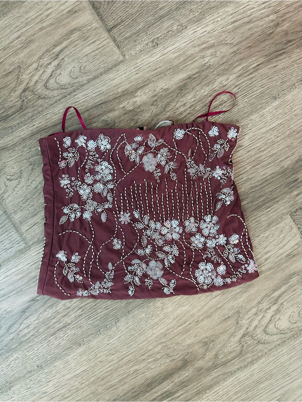 Embellished Maroon Floral Sequin StraplessTop